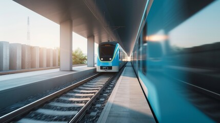 Fototapete - Modern Urban Train in Motion at Sunset - Public Transportation Concept