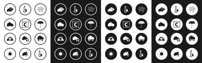 Wall Mural - Set Wind, Celsius, Cloud, Sun and cloud weather, Classic elegant opened umbrella, Thermometer, Storm and Rainbow with clouds icon. Vector