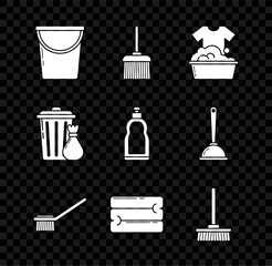 Wall Mural - Set Bucket, Handle broom, Plastic basin with soap suds, Toilet brush, Towel stack, Mop, Trash can garbage bag and bottles for liquid dishwashing liquid icon. Vector