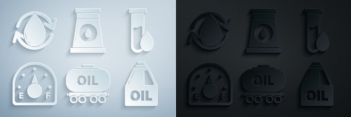 Poster - Set Oil railway cistern, petrol test tube, Motor gas gauge, Canister for motor machine oil, and industrial factory building and drop icon. Vector