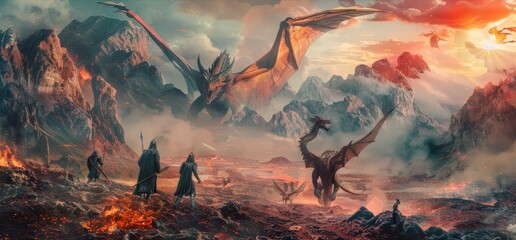Epic battle scene with dragons and warriors in a mystical landscape
