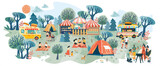 Fototapeta Kosmos - Summer festival, picnic and barbecue. Vector illustrations of park, nature, trees, resting walking people on weekends and holidays, family, camping tent, fair, bus stand selling burger and popcorn