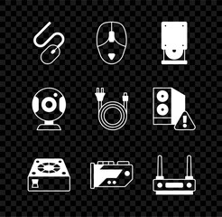 Poster - Set Computer mouse, Optical disc drive, cooler, Video graphic card, Router and wi-fi signal, Web camera and Electric plug icon. Vector