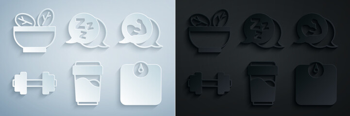 Canvas Print - Set Glass with water, Bodybuilder muscle, Dumbbell, Bathroom scales, Sleepy and Salad in bowl icon. Vector