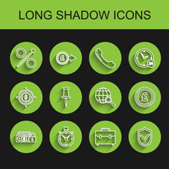 Poster - Set line Money with lock, Stopwatch, Percent up arrow, Briefcase, Shield check mark, Push pin, Coin money pound sterling symbol and Magnifying glass globe icon. Vector