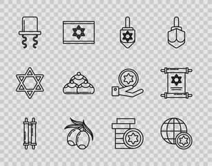 Poster - Set line Torah scroll, World Globe and Israel, Hanukkah dreidel, Olives branch, Orthodox jewish hat with sidelocks, Jewish sweet bakery, coin and icon. Vector