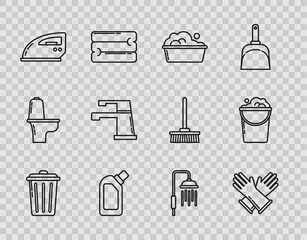 Poster - Set line Trash can, Plastic basin with soap suds, bottles for liquid dishwashing liquid, Electric iron, Water tap, Shower head water drops flowing and Bucket foam and bubbles icon. Vector