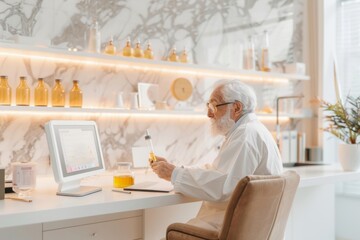 Aufkleber - Elderly Male Scientist Analyzing Sample in Bright Modern Laboratory