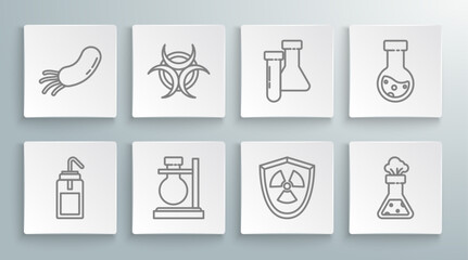 Poster - Set line Laboratory wash bottle, Biohazard symbol, Test tube flask on stand, Radioactive in shield, chemical, and Bacteria icon. Vector