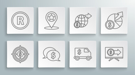 Poster - Set line Target with dollar, Map pointer star, Speech bubble, Armored truck, Monitor, Earth globe, Money and diagram graph and Registered Trademark icon. Vector