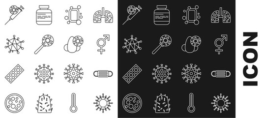 Poster - Set line Virus, Medical protective mask, Gender, Bar of soap, under magnifying glass, Syringe and virus and Runny nose icon. Vector