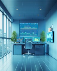 Poster - Modern Office Interior with High-Tech Monitors and Data Analysis Charts