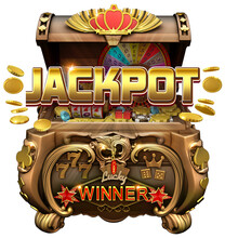 A Beautifully Decorated Treasure Chest Filled With A Big Jackpot Prize. The Chest Is Adorned With Casino-themed Decorative Items Including Cards Suit Symbols, 777 Slots Jackpot, And Dice. 3D Render