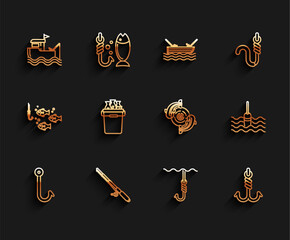 Sticker - Set line Fishing hook, rod, boat with fishing on water, under, bucket fishes, float and icon. Vector