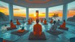Serene Sunset Yoga Session with Diverse Group in Panoramic Glass Studio