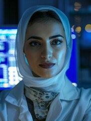 Aufkleber - Confident Female Middle Eastern Scientist at Work in Lab at Night