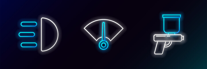 Poster - Set line Paint spray gun, High beam and Speedometer icon. Glowing neon. Vector