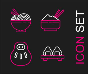 Poster - Set line Sushi on cutting board, Maneki neko cat, Rice bowl with chopstick and Asian noodles and chopsticks icon. Vector