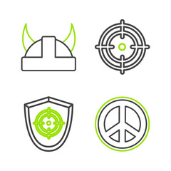 Sticker - Set line Peace, Target sport, and Viking in horned helmet icon. Vector