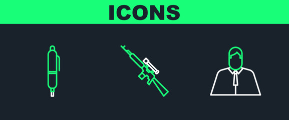 Poster - Set line Lawyer, attorney, jurist, Pen and Sniper rifle with scope icon. Vector