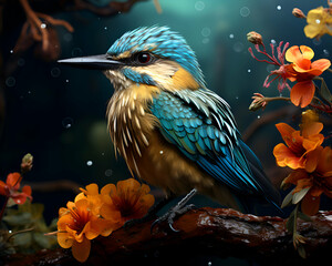 Wall Mural - Beautiful blue bird sitting on a branch with flowers in the forest