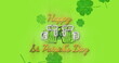 Image of st patrick's day text, shamrock and glasses of beer on green background