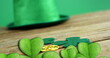 Image of st patrick's day shamrock and green hat on green background