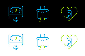 Poster - Set line Heart with female, Money growth woman and Work for icon. Vector