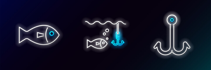 Wall Mural - Set line Fishing hook, and under water with fish icon. Glowing neon. Vector