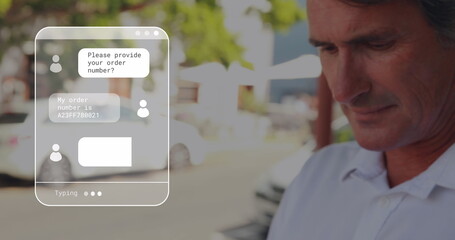 Image of digital interface with online communicator over man using smartphone