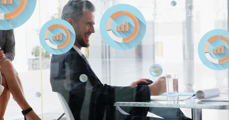 Sticker - Image of digital icons with data processing over caucasian businessman in office