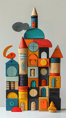 Sticker - A colorful building made of wooden blocks. The blocks are stacked on top of each other to create a tall structure. The building has a whimsical and playful appearance, with various colors and shapes