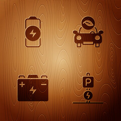 Sticker - Set Charging parking electric car, Battery charge, Car battery and Eco on wooden background. Vector