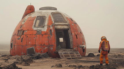 A man in an orange jumpsuit stands in front of a red, rusted, and dilapidated space station