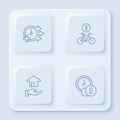 Canvas Print - Set line Clock, Bicycle rental mobile app, Realtor and Time is money. White square button. Vector