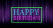 Digitally animated of happy birthday text in a rectangle sparking against purple curtain 4k
