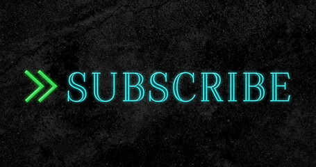 Canvas Print - Digitally Animated of subscribe text flickering in blue with green arrow against a black background 