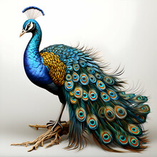 Peacock With Colorful Feathers On White Background. 3D Rendering