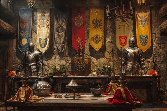 a medieval knights hall podium with armor and banners for fantasy and historical merchandise