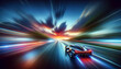 Futuristic car speeding through a colorful light tunnel.
