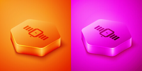 Wall Mural - Isometric Wrist watch icon isolated on orange and pink background. Wristwatch icon. Hexagon button. Vector