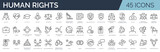 Fototapeta  - Set of 45 outline icons related to basic human rights. Linear icon collection. Editable stroke. Vector illustration