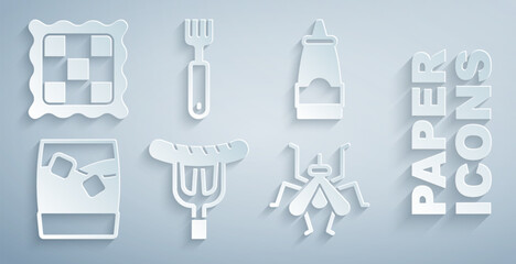 Sticker - Set Sausage on the fork, Sauce bottle, Glass of whiskey with ice, Mosquito, Fork and Checkered napkin icon. Vector