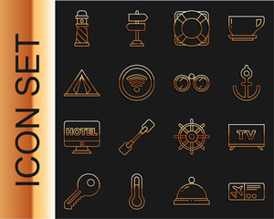 Poster - Set line Airline ticket, Smart Tv, Anchor, Lifebuoy, Wi-Fi wireless internet network, Tourist tent, Lighthouse and Binoculars icon. Vector