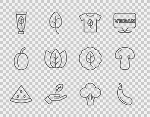 Wall Mural - Set line Watermelon, Eggplant, Vegan shirt, Plant in hand, Organic cosmetic, Leaf or leaves, Broccoli and Mushroom icon. Vector