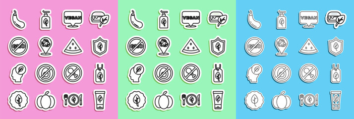 Wall Mural - Set line Organic cosmetic, Vegan food diet, No GMO, Eggplant and Watermelon icon. Vector