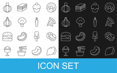 Wall Mural - Set line Lemon, Cookie with chocolate, Slice of pizza, Muffin, Broccoli, Garlic, Onion and Carrot icon. Vector