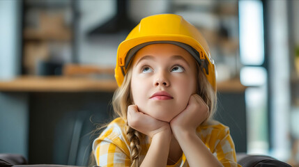 Wall Mural - A little girl wearing a hard hat looking up.