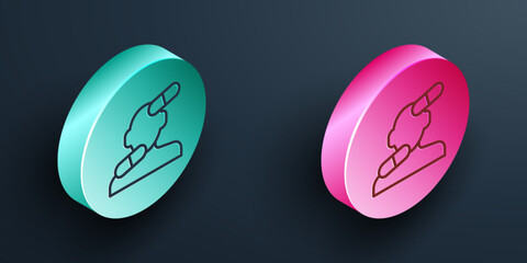 Wall Mural - Isometric line Sedative pills icon isolated on black background. Turquoise and pink circle button. Vector