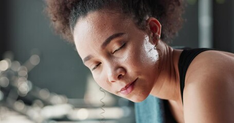 Sticker - Tired woman, face and fitness with gym for workout, exercise or indoor training in rest. Portrait of serious female person or young athlete with determination or ambition for health and wellness